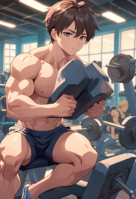 Satoru Gojo training intensely in a bodybuilding gym, buff, looking viewers, gym, muscluar , Exercise, sitting on the bench