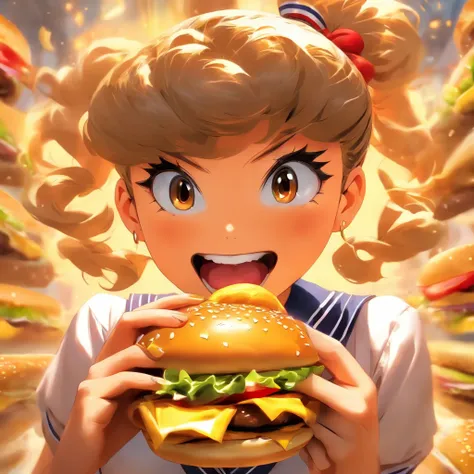 comics. A girl in a Japanese school sailor uniform, chomping on a cheeseburger, chignon.