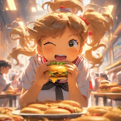 comics. A girl in a Japanese school sailor uniform, chomping on a cheeseburger, chignon.