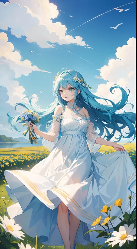 a beauty girl、Crystal clear skin、A charming smile、Long light blue hair、Yellow long dress、Cosmos flowers、Clear blue sky、Dress and hair fluttering in the wind！