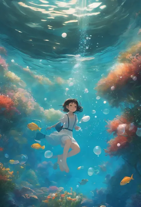 under the water，Horizontal plane，Lots of bubbles，water bloom，k hd，cleanness，Cartoony，hand painted style，hiyao miyazaki，Shinkai sincerely