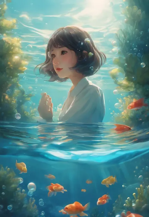 under the water，Horizontal plane，Lots of bubbles，water bloom，k hd，cleanness，Cartoony，hand painted style，hiyao miyazaki，Shinkai sincerely