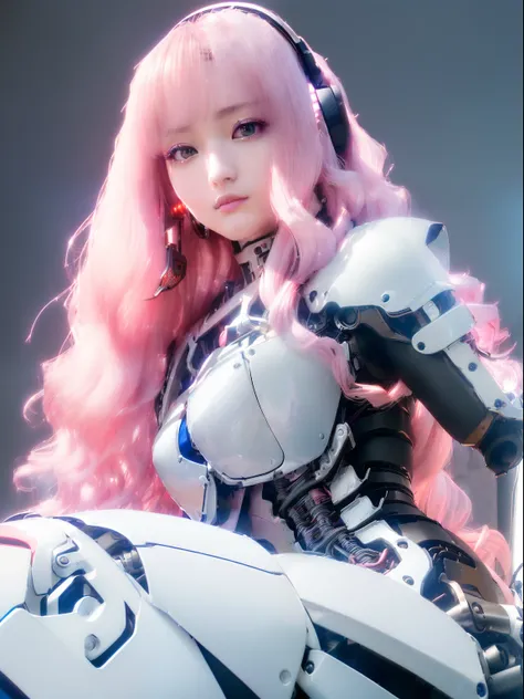 ((masutepiece)), ((top-quality), high quarity、ultra-definition, Realistic,  fulcolor 、One beautiful robot woman、Joints of machines、Frame of the machine、Thick wire joints、White porcelain armor、(Curvaceous face)、deadpan、Pink Long Hair、Wide Shot、((Electronic ...