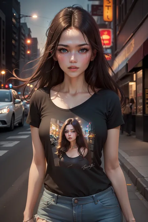 (Best quality, High resolution, Masterpiece :1.3), A pretty woman, Slender figure, Dark brown hair, T-shirt, (Street in city at night), Highly detailed face and skin texture, Detailed eyes, Double eyelid