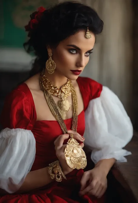 Green-eyed, black-haired gypsy, White shirt with gold medal，Red dress with ruffles, Shell necklace.