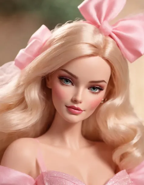 Cinematic scene,, Margot Robbie as Barbie,shallow focus,establishing wide shot,1 girl, solo, cute face, (blush,shy:1.3),long eyelashes, (light yellow long soft waves hair:1.2), (huge-pink-bow headdress:1.3), cartoon_portrait,  BEAK (The Mesh Overlay Dress:...