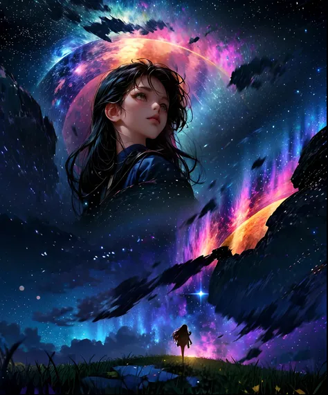 Describe a scene where a cute girl character is lying on a grassy hill, Looking up at the starry sky. Surround her with colorful nebulae and her favorite constellations.