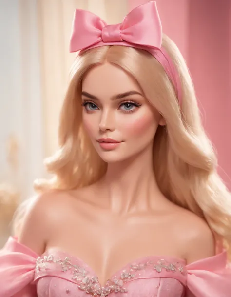 Cinematic scene,, Margot Robbie as Barbie,shallow focus,establishing wide shot,1 girl, solo, cute face, (blush,shy:1.3),long eyelashes, (light yellow long soft waves hair:1.2), (huge-pink-bow headdress:1.3), cartoon_portrait,  BEAK (The Mesh Overlay Dress:...