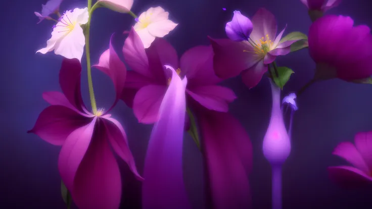 purple flowers are in a vase with a blue background, nick knight, surreal waiizi flowers, clematis in the deep sea, purple flowers, falling flower petals, flowers exploding and spraying, violet flowers, flume, inspired by Yves Klein, magical flowers, purpl...