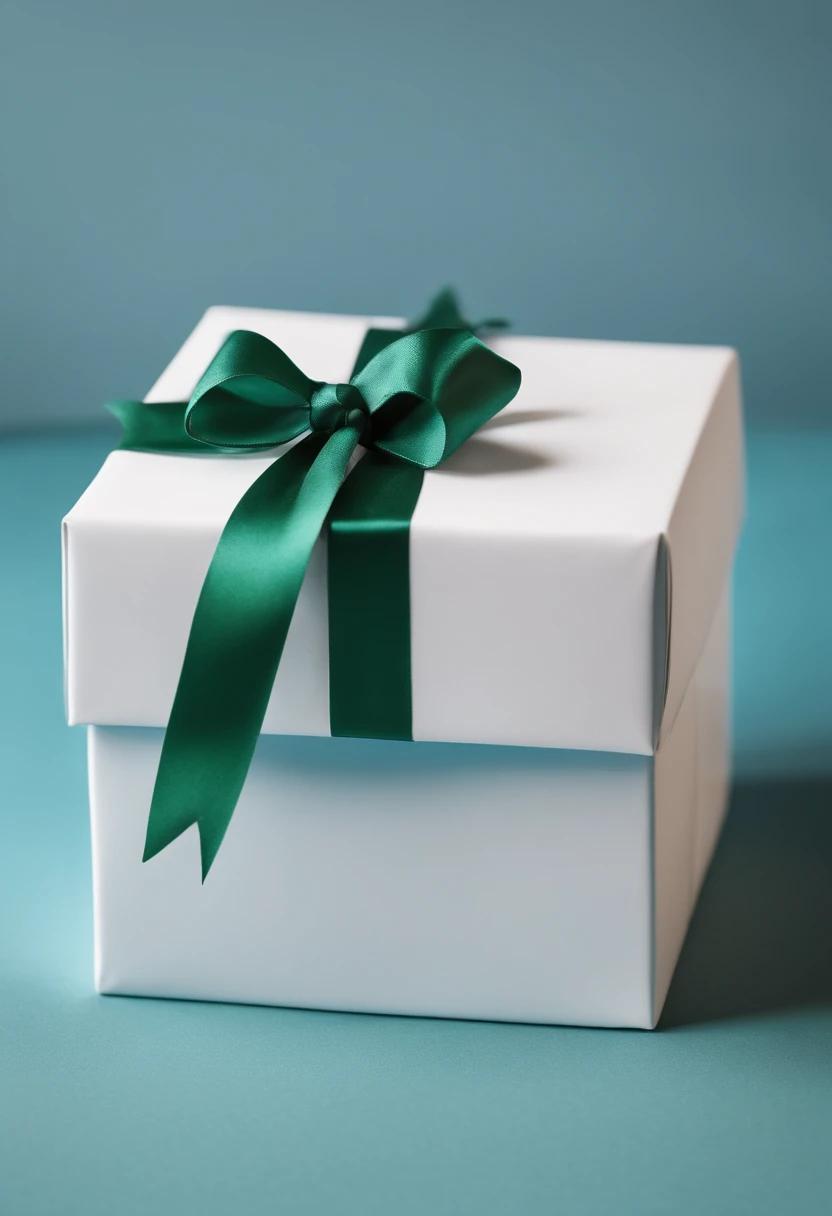 Close-up of white gift box with green knot,Tiny bow, angled, Product photo, heavy, Official product photo, Blue-green paper, product image, seen from the side