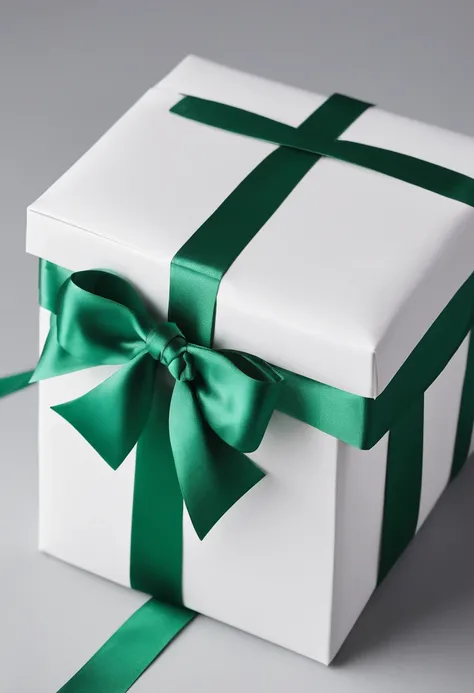 Close-up of white gift box with green knot,Tiny bow, angled, Product photo, heavy, Official product photo, Blue-green paper, product image, seen from the side