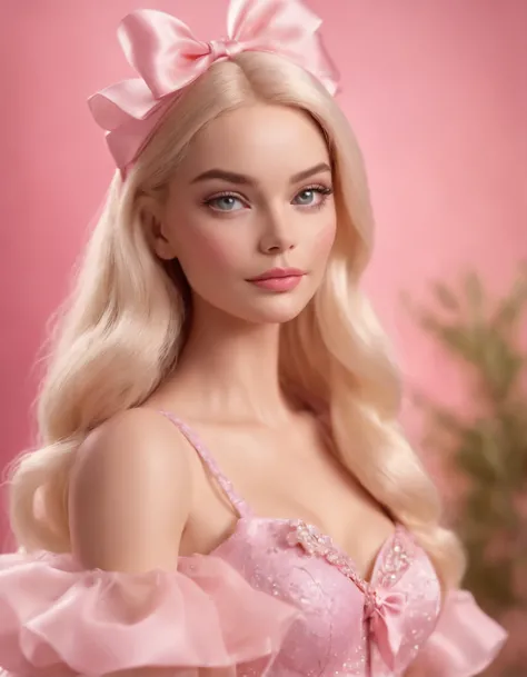 Cinematic scene,, Margot Robbie as Barbie,(photorealistic:1.4),shallow focus,establishing wide shot,1 girl, solo, cute face, (blush,shy:1.3),long eyelashes, (light yellow long soft waves hair:1.2), (huge-pink-bow headdress:1.3), cartoon_portrait,  BEAK (Th...