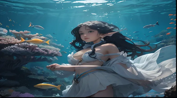 In the depths of the ocean，There is a beautiful girl，She is the elf of the sea，Accompany colorful fish and gorgeous coral reefs。

Her long hair was as thick as kelp，Soft and shiny，Flowing in water，Like a flowing ribbon。Every strand of hair shimmers with go...