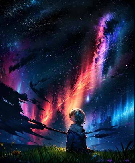 Describe a scene where a cute girl character is lying on a grassy hill, Looking up at the starry sky. Surround her with colorful nebulae and her favorite constellations.