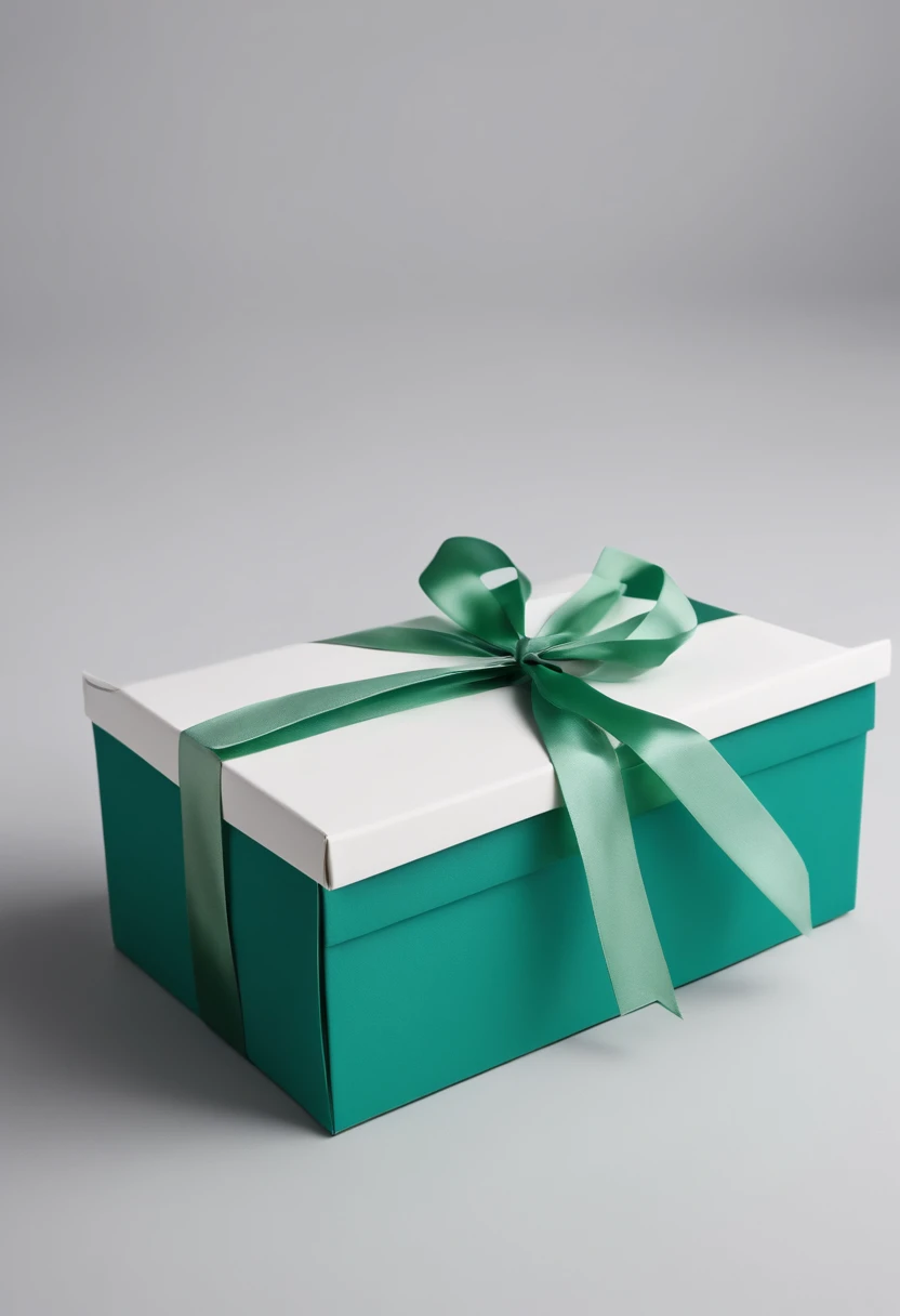 Close up of white rectangular thin body gift box with green knot,Tiny bow, angled, Product photo, heavy, Official product photo, Blue-green paper, product image, seen from the side, Lateral face, Single box, Clean background