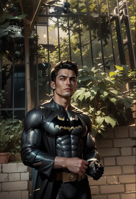 make the man batman, with batman suit, real face, muscular body