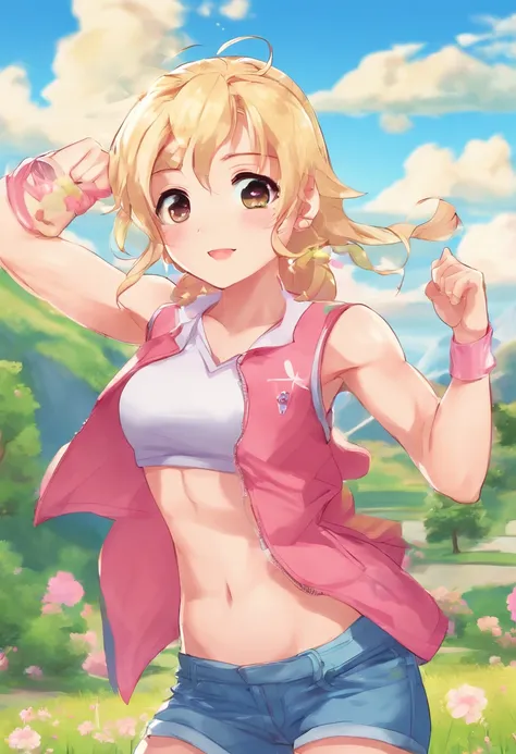 landscape, anime style, countryside, with mountains and clouds in the background.  Blonde girl, standing, short clothes, muscular, abs, biceps, flexing muscles.