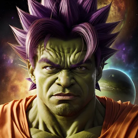 hulk, 8k, masterpiece, (goku:1.2), realistic, portrait, space background, perfect face, detailed face, (super saiyan:1.2), glowi...