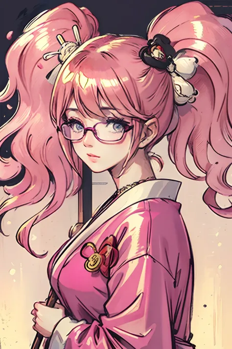 (masterpiece:1.2, best quality), (dinamic lighting) 1lady, solo, short hair, big breasts,  (shiny skin:1.2), upper body, glasses, modern, wavy pink hair,pink yulata, flower on ear, harajuku style, hair pin, loli ,ahoge, ryokan