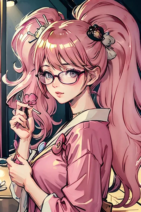 (masterpiece:1.2, best quality), (dinamic lighting) 1lady, solo, short hair, big breasts,  (shiny skin:1.2), upper body, glasses, modern, wavy pink hair,pink yulata, flower on ear, harajuku style, hair pin, loli ,ahoge, ryokan