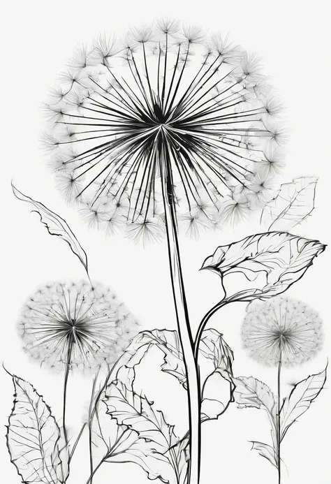 Best quality, black and white dandelion, fine ink line art, comic style, beautiful line art, black and white comic style, manga style, manga art style, pencil and ink drawing (1.1), black and white coloring, blank background.