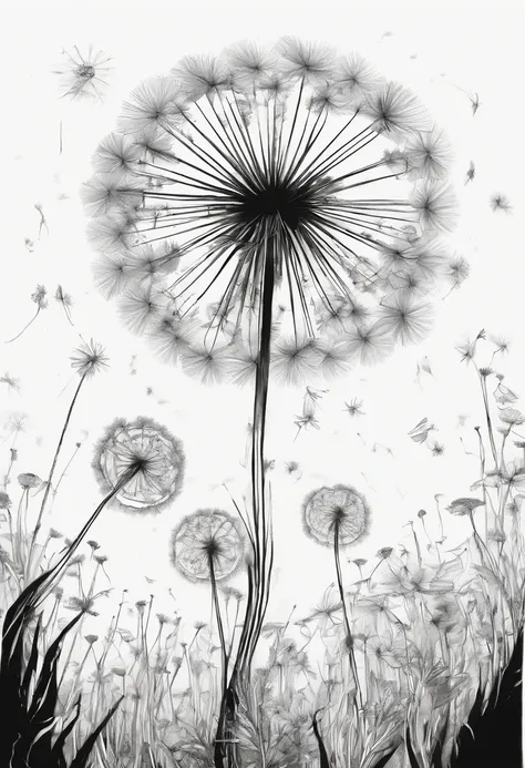 Best quality, black and white dandelion, fine ink line art, comic style, beautiful line art, black and white comic style, manga style, manga art style, pencil and ink drawing (1.1), black and white coloring, blank background.