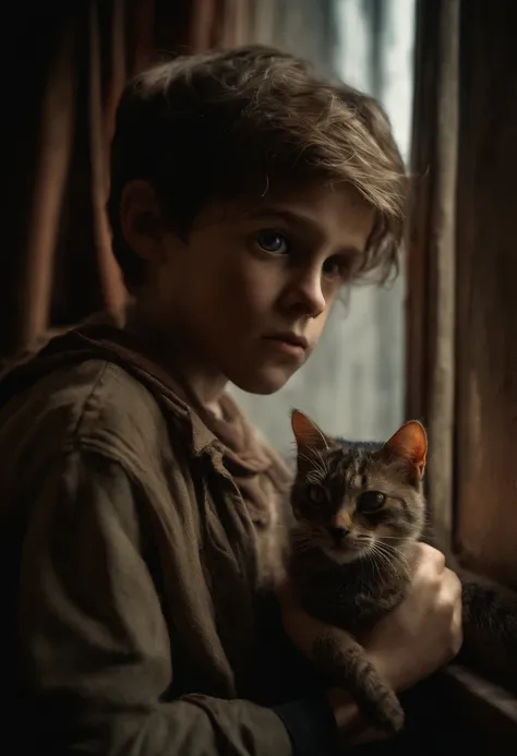 (((best quality))), high detail, depth of field, Focus: 1.2, postapocalyptic 10 years old boy with cat, weary eyes, fine eyes, big eyes, tattered and rotted clothing, Hair is unkempt and tangled, skin is marred with grime and dirt, abandoned, gloomy room i...