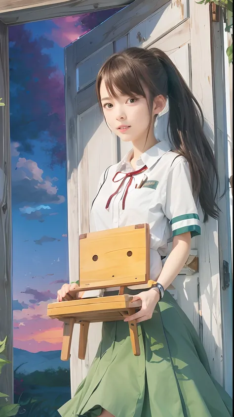 a teenage schoolgirl with brownish hair holding a wooden chair in front of a door of colorful skies and fields, makoto shinkai