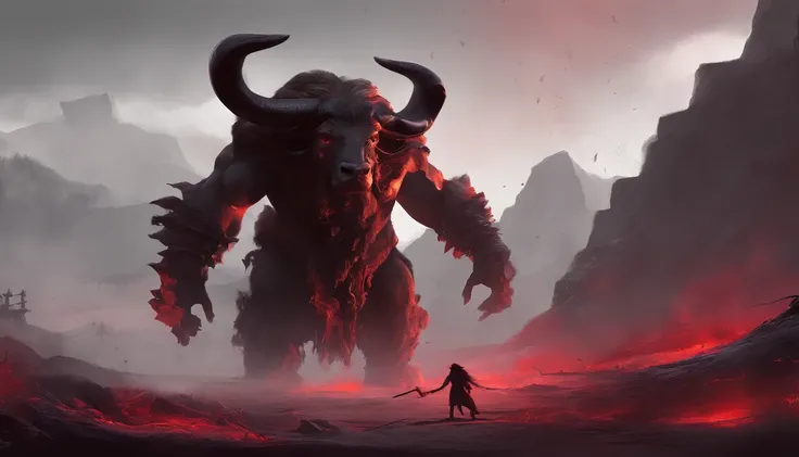 A terrifying pitch-black minotaur threw his tomahawk into the ground，The ground exploded，sense of strength，Momentum，Huge horns，red color eyes，evil，Medieval landscape，Fantastical，4K，best qualtiy，primitive，（(Ultra-detailed and high-precision details))，Power ...