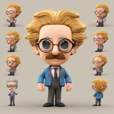 Design a chibi-style avatar of Albert Einstein that prominently features his face while cleverly incorporating elements to signify artificial intelligence. Maintain the key facial characteristics of Einstein, such as his iconic hairstyle and glasses, but i...