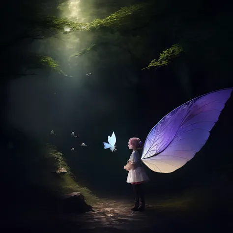 forest fae、4K、beatuful nature、large transparent wings、Cute look、Together with animals、