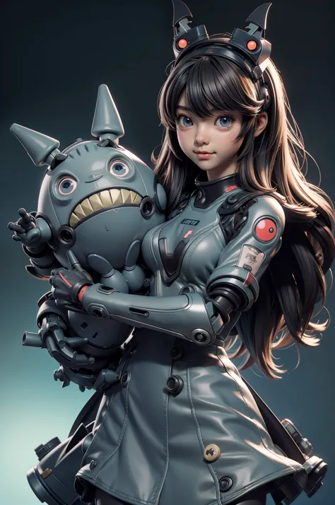 Little girl and totoro robot，3 d desenho animado，3 d model，full bodyesbian，2 head body，Q version，Cute and cute，super-fine，depth of fields，Works of masters，high qulity，A high resolution