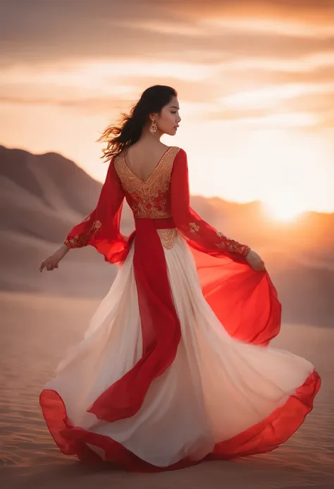 On the desert plateau，A girl against the wind，Wearing a gold and red dress，Desert at night，Sky glowing milky way，A girl in Hanfu，cabelos preto e longos，A flowing Hanfu mopping long skirt，Ethereal floor-length skirt，Light gauze flutters in the wind，Beautifu...