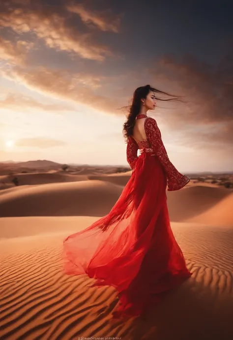 On the desert plateau，A girl against the wind，Wearing a gold and red dress，Desert at night，Sky glowing milky way，A girl in Hanfu，cabelos preto e longos，A flowing Hanfu mopping long skirt，Ethereal floor-length skirt，Light gauze flutters in the wind，Beautifu...