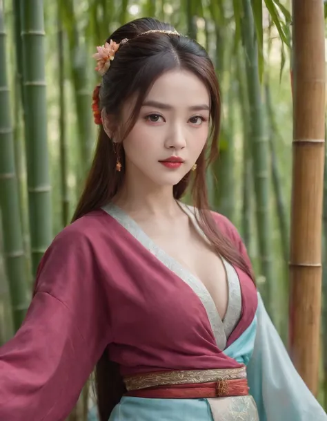 best quality,masterpiece,rich details,in the bamboo forest,1girl,teen,glamor,large breasts,black eyes,closed mouth,multicolored hair,long hair,straight hair,swept bangs,hanfu,tang style outfits,,cyan blue upper shan,orange long upper shan,red chest po skir...