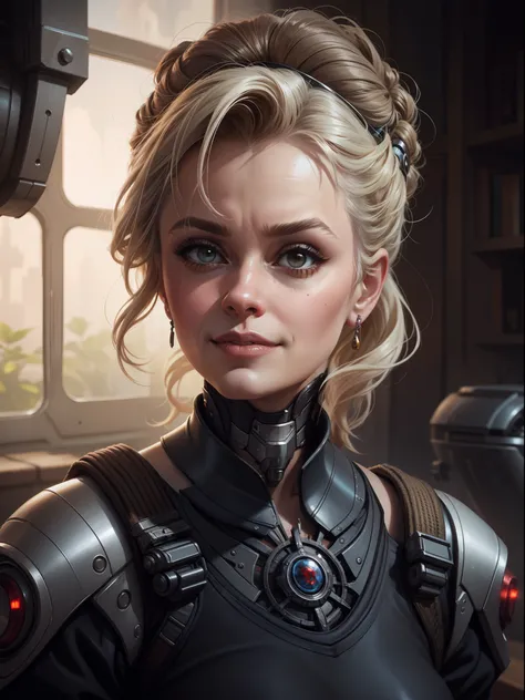 portrait of vicious nefarious female cyborgian mshn mad cyborg scientist [Helena Bonham Carter:Lisa Stansfield:0.75], character, devious smirk, intricate, elegant, highly detailed, digital painting, artstation, concept art, smooth, sharp focus, hyper photo...