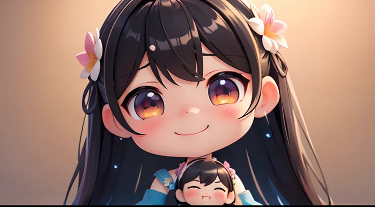 photoRealstic、Two dolls standing in front of the painting（nendroid）、A smile、Water droplets on the cheeks、In a cute pose、watercolor Nendoroid、(High Definition Figure)、Flowing iridescent silk、up of face、Eye Up、There are also flowers in front of the nendroids...