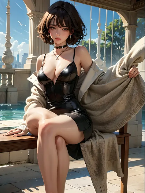 (Top quality, Masterpiece: 1.3), Girls: 1, Sexy: 1.5, bob hair, Brown hair: 1.3, (Wet body: 1.2), pyjamas, stocklings，Beautiful, cleavage, hyperdetailed face, Detailed lips, Detailed eyes, Double eyelids, Sexy, Smile, Beautiful legs