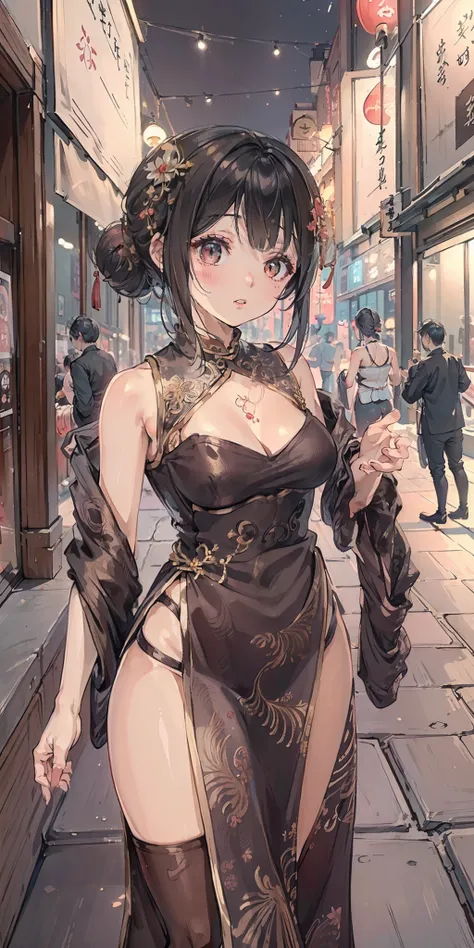 ((Best quality)), ((Masterpiece)), ((Ultra-detailed)), (illustration), (Detailed light), (An extremely delicate and beautiful),A charming young girl,on cheongsam,Hong Kong,Kowloon Street