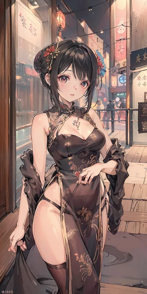 ((Best quality)), ((Masterpiece)), ((Ultra-detailed)), (illustration), (Detailed light), (An extremely delicate and beautiful),A charming young girl,on cheongsam,Hong Kong,Kowloon Street