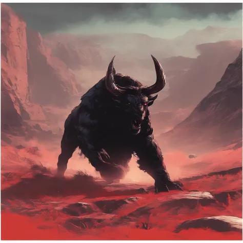 （A terrifying pitch-black minotaur threw his tomahawk into the ground:1.5），The ground exploded，sense of strength，Momentum，Huge horns，red color eyes，evil，Medieval landscape，Fantastical，4K，best qualtiy，primitive，（(Ultra-detailed and high-precision details))，...