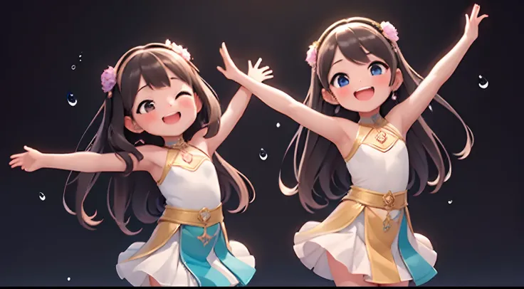 Two girls standing in front of a painting、laugh face、Water droplets on the cheeks、Dance Practice、Rotational jump、bustup、Eye Up、Flowing iridescent silk、Cosmic petals