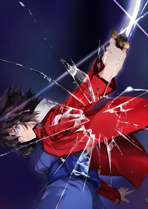 Holding a sword in his hand、Anime character with broken glass window, Fate / Stay Night, unlimited blade works, fate stay night, anime style like fate/Stay Night, key visual, anime fencer, Fate/Staynight, kyoto animation key visual, fate zero, key art anim...