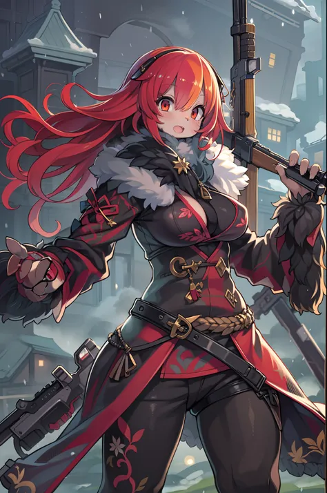 Huntress girl with rifle in battle pose,oriental,blade and soul,long red hair,Leather and fur coat,Cold,The artwork,。.。.。.3D,4K,Detailed,Fantasia