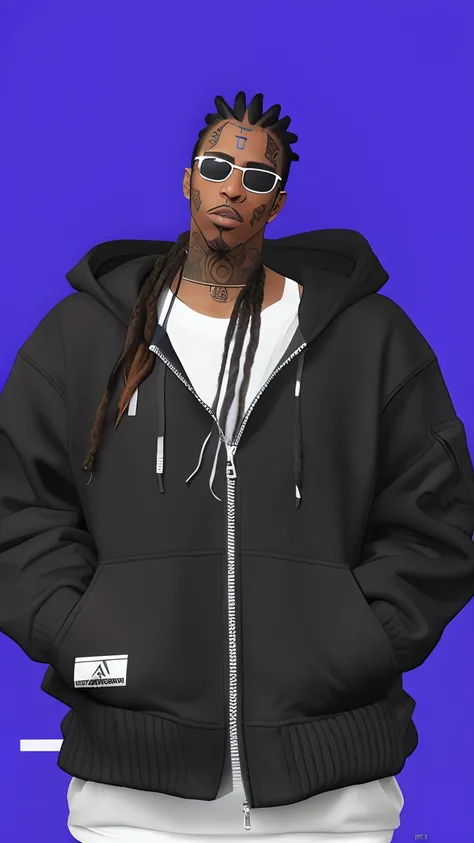 arafed man with dreads and sunglasses on his face, no hood | | realistic shaded, imvu, dread + highly detailed, in clothes! highly detailed, in a hood, in a hoodie, cyberpunk street goon, in a black hoodie, highly detailed clothing, fear of god style, seco...