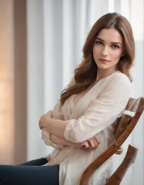 a woman with long hair laying with her arms crossed against the chair, in the style of light white and light amber, soft-focus technique .