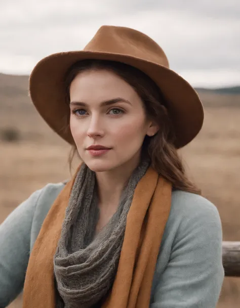 woman in a prairie hat and a scarf leaning on a fence, in the style of calm and meditative, whistlerian, eco-friendly craftsmanship, alex hirsch, strong emotional impact, i cant believe how beautiful this is, pastoral .