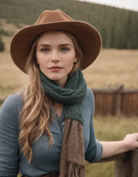 woman in a prairie hat and a scarf leaning on a fence, in the style of calm and meditative, whistlerian, eco-friendly craftsmanship, alex hirsch, strong emotional impact, i cant believe how beautiful this is, pastoral .