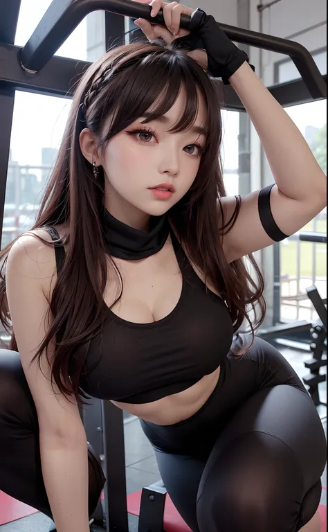 , 1 girl, Black leggings pants, Petite, Colossal tits, Cameltoe, gym, Tight bodywear, neckline, Tying up hair,top-quality、Real Stick、A detailed eye、A detailed face、long lashes、heavy eye makeup、Dark eyeshadow、Korean Makeup、Half squat with a light barbell、Lo...