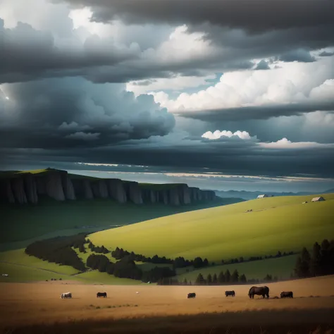 Extreme dark clouds over a large grassland with ranch